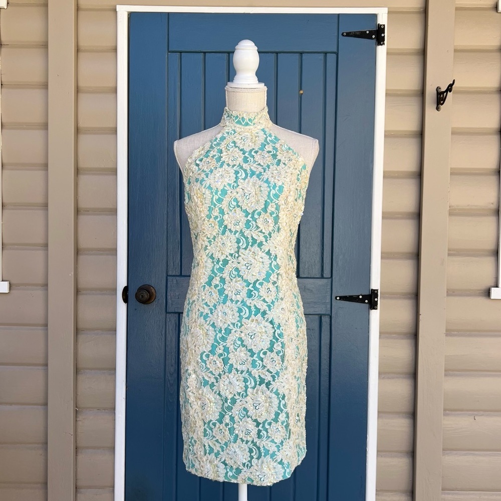 Vintage High-Neck Aqua Midi Dress Lace Overlay with embroidery pearl Size XS